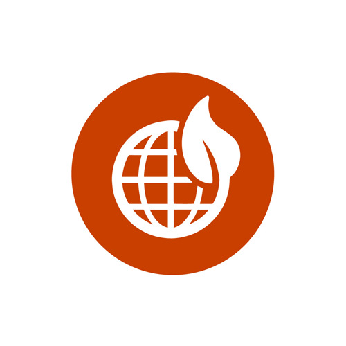 Icon of globe with a leaf graphic in a dark orange circle