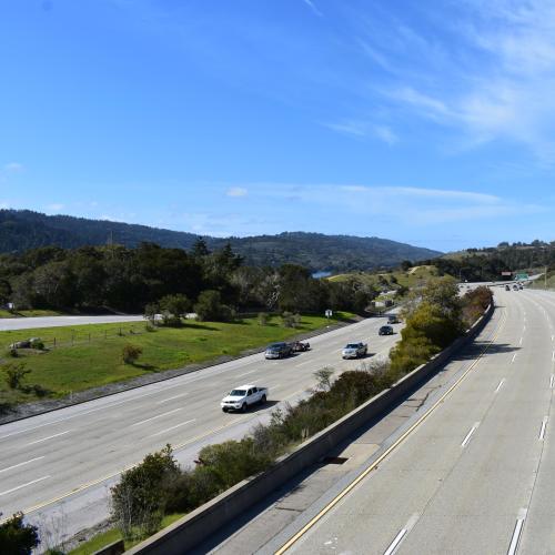 Wide shot of Interstate 280 with traveling cars