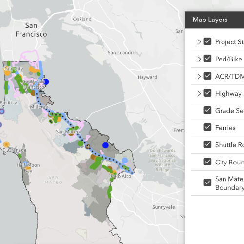 A map of San Mateo County with all of the TA-funded projects as of January 2024.