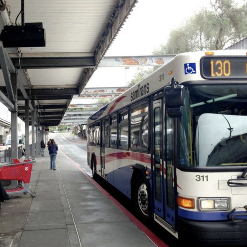 A Route 130 SamTrans bus at the Daly City BART Station.