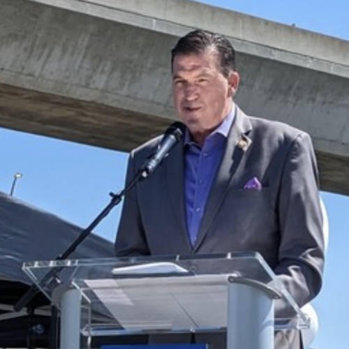 Rep. Kevin Mullin speaking at the grand opening of the 101 Express Lanes in San Mateo.