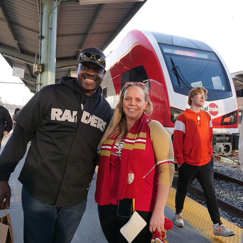 Sports fans posing at the train station
