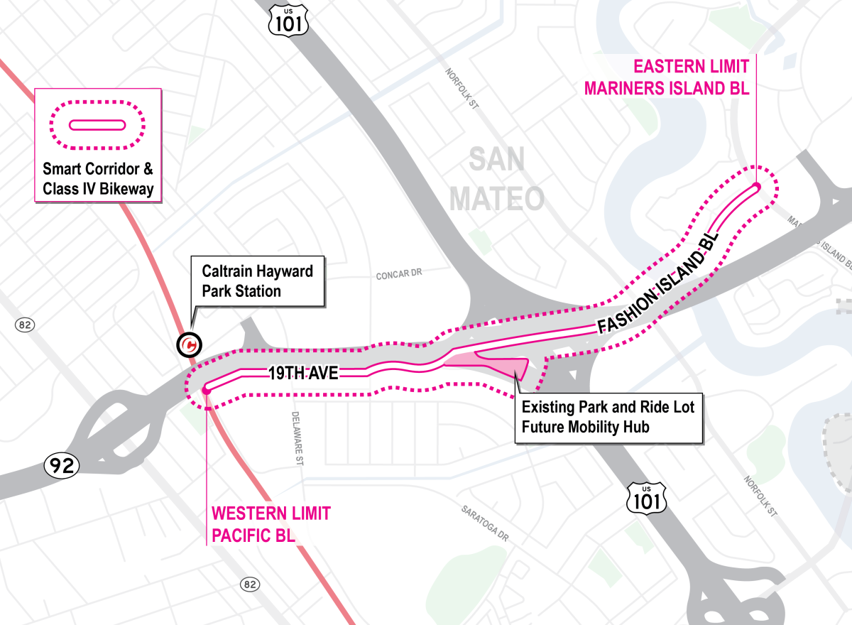 Map showing extent of corridor on 19th Avenue and Fashion Island Boulevard