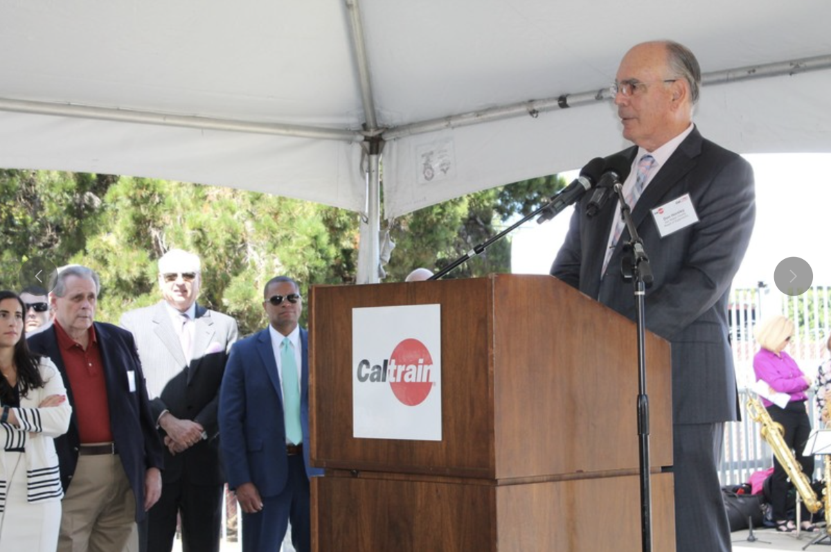 Director Don Horsley delivers comments at a Caltrain grade-separation ceremony.