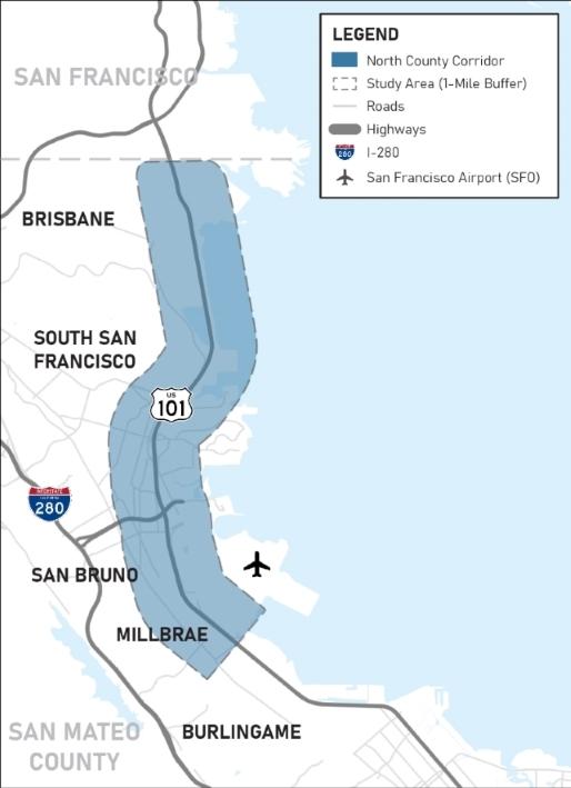 Map depicting the North County Multimodal cities which include Millbrae, San Bruno, South San Francisco, and Brisbane