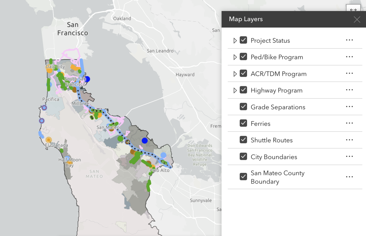 A map of San Mateo County with all of the TA-funded projects as of January 2024.