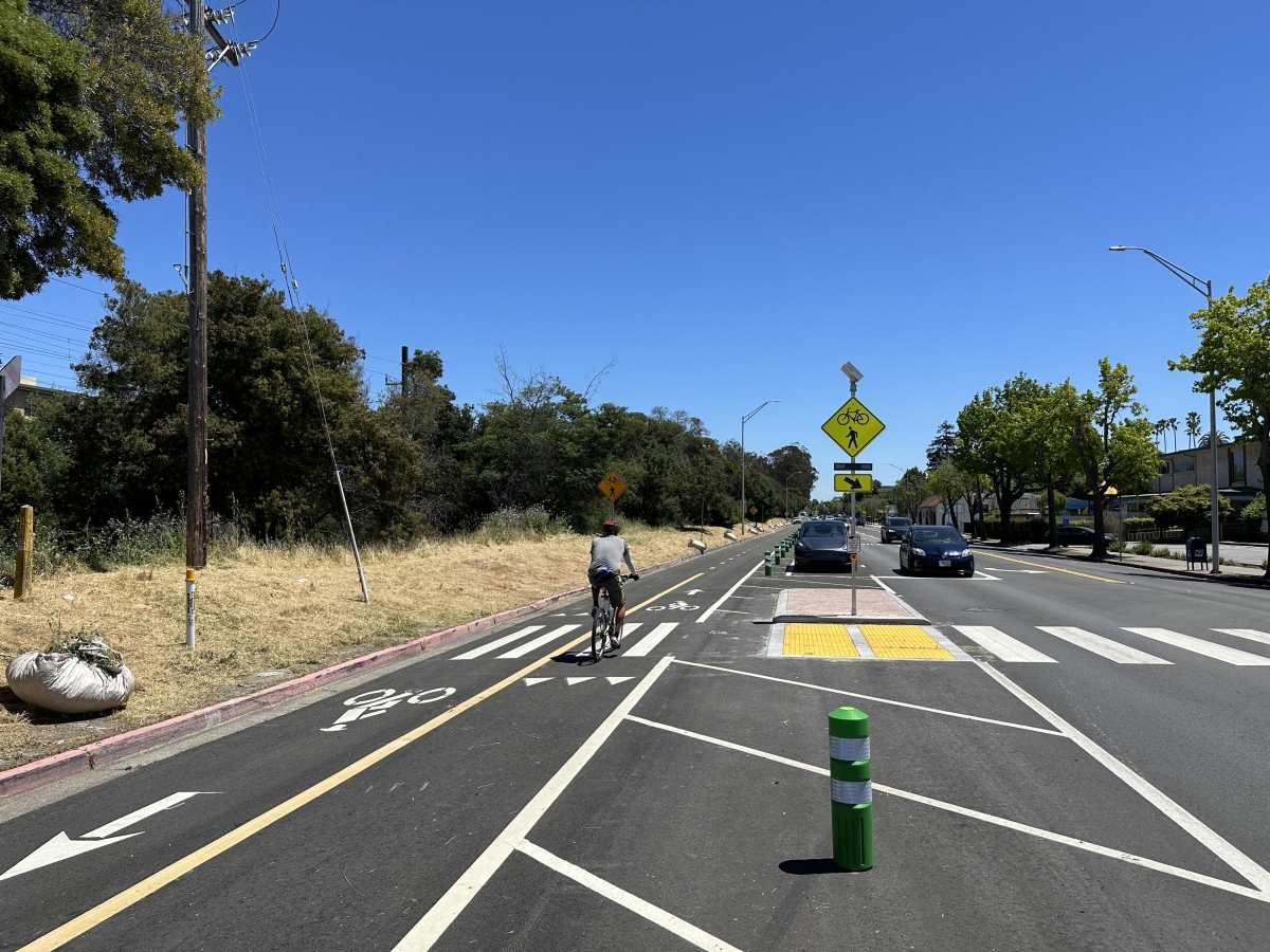 Bicyclists in two-way separated bikeway in Burlingame, CA
